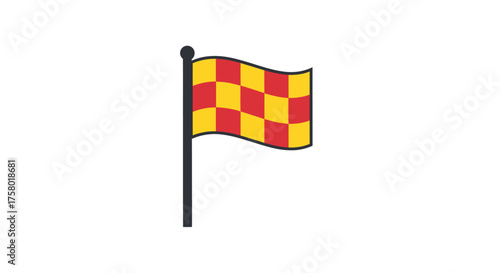 Checkered Racing Flag on Black Pole Waving in Air.