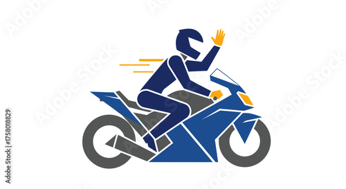 Stylized Motorcyclist Waving Hand Speeding on a Blue Motorcycle.