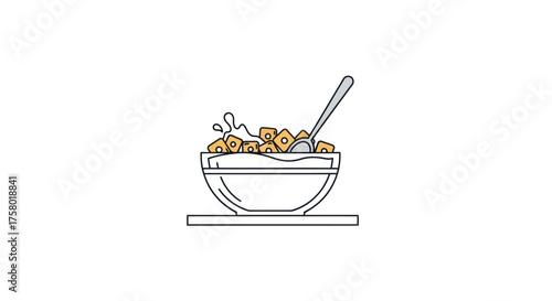 Cereal Bowl with Spoon: Line Art Illustration of Breakfast Food.