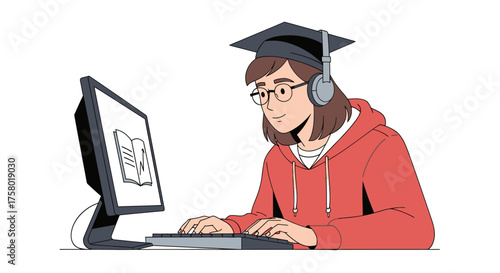 Student with Graduation Cap Studying Online Using Computer.