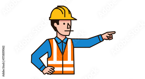 Cartoon Construction Worker Pointing with Safety Helmet and Vest.
