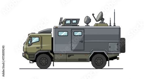 Armored Military Communication Truck with Satellite Dish and Antennas.