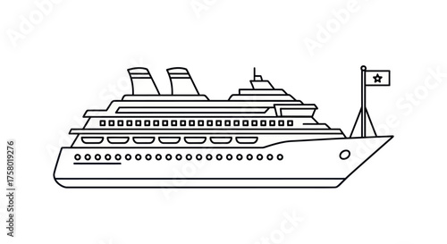 Detailed Line Art Illustration of a Large Passenger Cruise Ship.