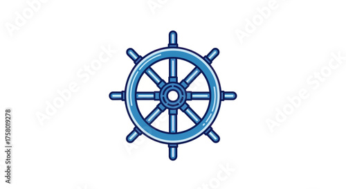 Blue Ship Wheel with Eight Spokes Nautical Theme Steering Equipment.