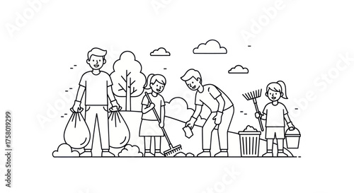 Group of People Cleaning Up Litter Together Outdoors.