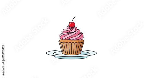 Delicious Cupcake with Pink Frosting and Cherry on Top.