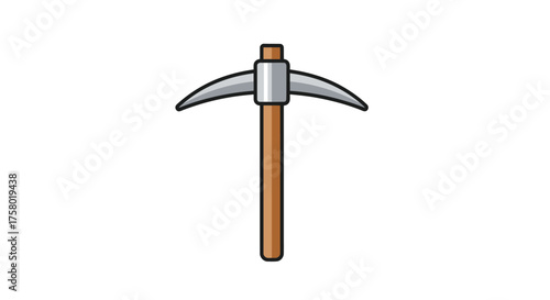 Cartoon Illustration of a Classic Wooden Handle Pickaxe Tool.