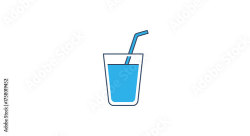 Simple Blue Glass Filled with Refreshing Liquid and Straw.