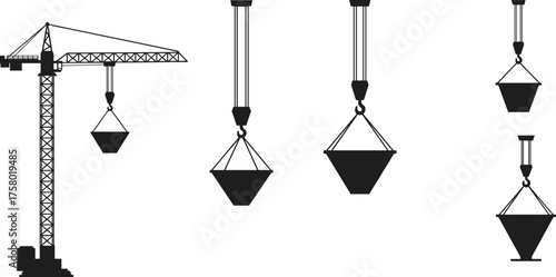  Construction crane lifting load, pulley system variations, suspended conical weight, mechanical engineering setup, black and white silhouette, industrial lifting illustration, vector art