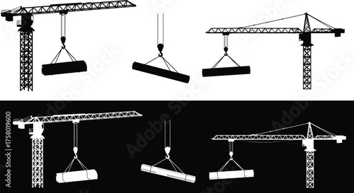  Construction crane lifting, heavy cylindrical object, industrial machinery, silhouette illustration, building site equipment, engineering concept, black and white contrast, tower crane operation