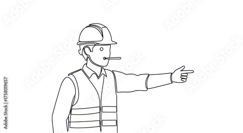 Construction worker in hard hat and vest pointing with a cigarette in mouth.