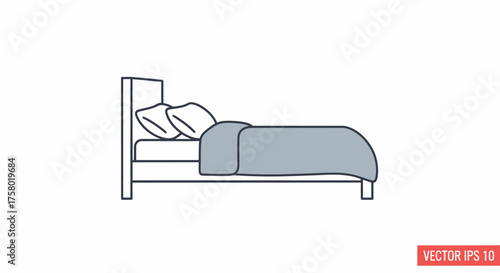Minimalist Line Art Drawing of a Bed with Pillows and Blanket.