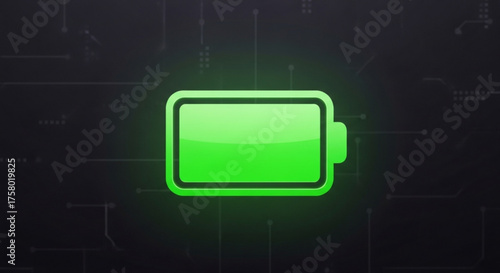 Glowing green battery icon on a dark background with circuit patterns