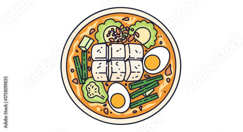 Delicious Asian Ramen Bowl with Tofu Eggs and Vegetables.