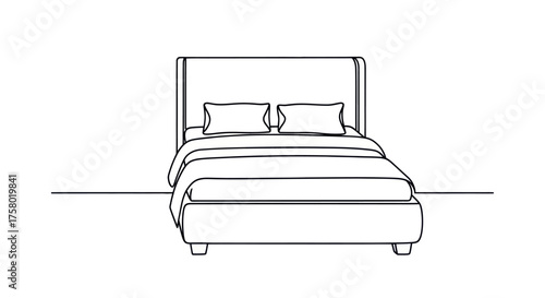 A simple black and white line art illustration of a double bed with pillows and a headboard shown from a front view.