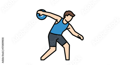 Male athlete throwing discus in a blue tank top track and field sport illustration.