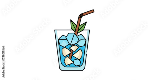 Refreshing Glass of Iced Drink with Straw and Mint.