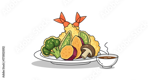 A cartoon illustration of a Japanese tempura platter with crispy fried shrimp assorted vegetables and a side of hot dipping sauce.