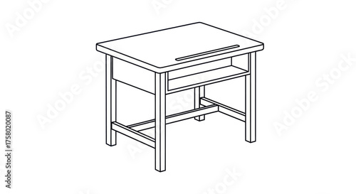 Simple Wooden School Desk with Storage Shelf Line Drawing.