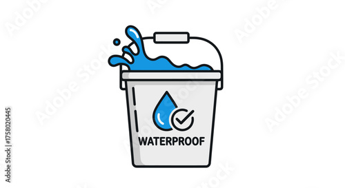 White Bucket with Blue Water Splash and Waterproof Symbol.