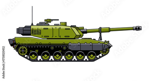 Green Military Tank with Long Barrel and Antenna.
