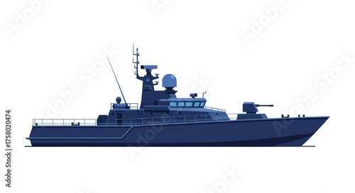 Dark Blue Military Naval Vessel Illustration on White Background.
