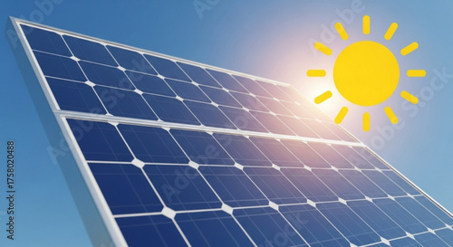 Solar panels with a sun illustration and sun rays against a blue sky backdrop