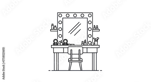Detailed Line Art Illustration of a Makeup Vanity with Mirror and Chair.