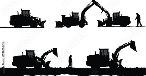 Construction equipment silhouette, backhoe loader vector, worker interaction, heavy machinery illustration, excavation scene, industrial site graphic, safety concept, black and white design