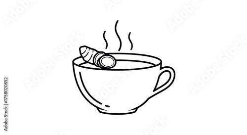 Steaming Cup of Ginger Tea with Ginger Root Slice Black and White Line Art.