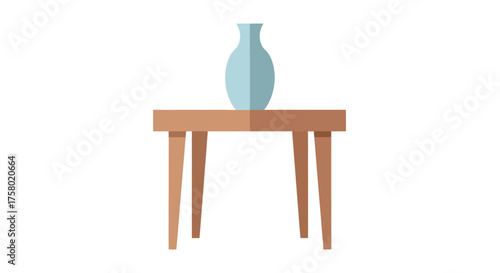 Minimalist flat design illustration of a light blue ceramic vase on a wooden end table.