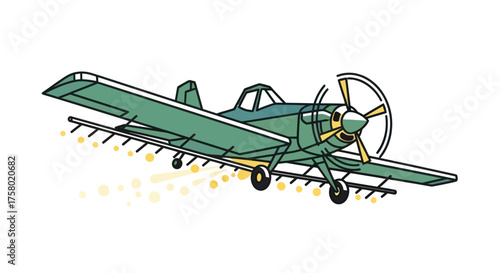 Cartoon Agricultural Airplane Spraying Crops with Propeller and Wings.