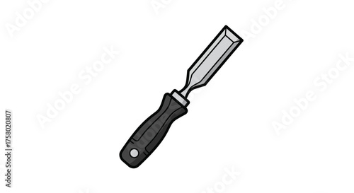 Angled View of a Chisel with Black Handle and Silver Blade.