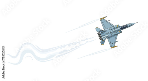 Military fighter jet flying at high speed leaving a swirling white vapor trail.