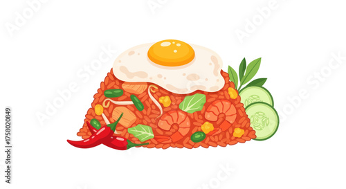 Delicious Fried Rice with Fried Egg and Garnishes.