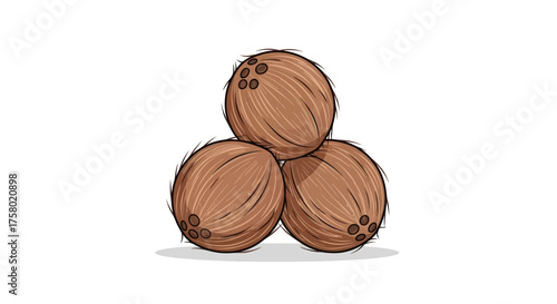 Stacked Brown Coconuts with Three Dark Spots.