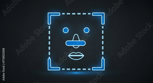Futuristic face recognition technology with glowing blue lines and square frame