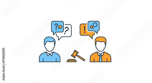 Legal Dispute Illustration: Two People Arguing with Gavel and Speech Bubbles.