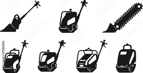  Construction equipment silhouette, soil compactor icon, vibratory roller vector, industrial machinery illustration, black and white tamper tool, landscaping gear graphic