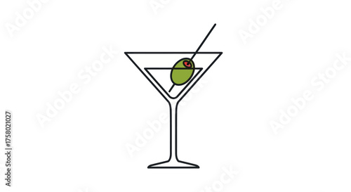 Simple Martini Glass with Olive and Cocktail Stick.