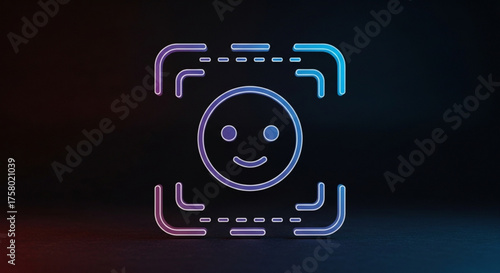 Neon face recognition icon with glowing effect on a dark background