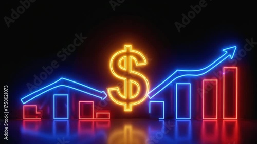 Neon dollar sign with glowing financial bar charts showing market growth and decline on a dark background