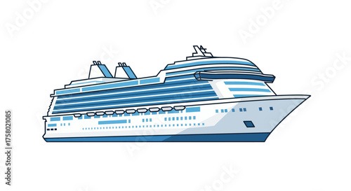 A detailed illustration of a modern multi-deck cruise ship with blue accents.