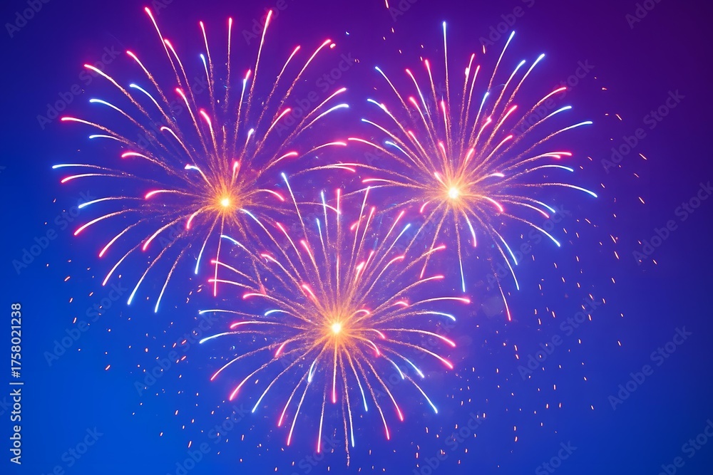 Fototapeta premium Vibrant Patriotic Fireworks Display in Red, White, and Blue – Celebrating Independence Day and National Pride Across the Night Sky