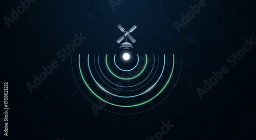 Illustration of satellite dish with signal waves on dark background