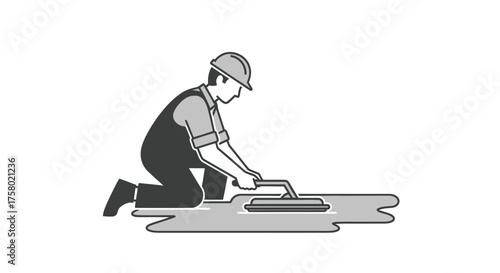 Illustration of a construction worker in a hard hat kneeling to smooth wet concrete with a float trowel.
