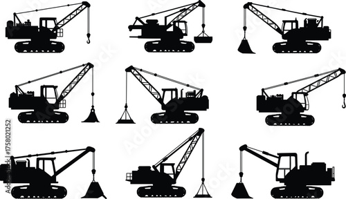  Construction excavator silhouettes, heavy machinery icons, crane vector set, industrial equipment illustration, demolition tools, tracked vehicles, engineering machines, material handling graphics