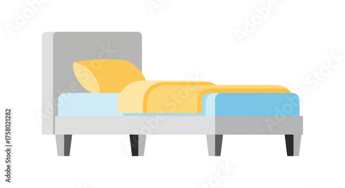 Single Bed with Yellow Pillow and Blanket Light Blue Mattress and Gray Frame.