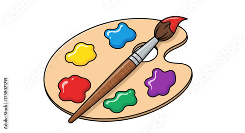Cartoon Artists Palette with Paint and Paintbrush Colorful Design.