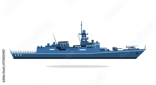Blue Warship Illustration: Modern Naval Vessel with Antennas and Weapons Systems.